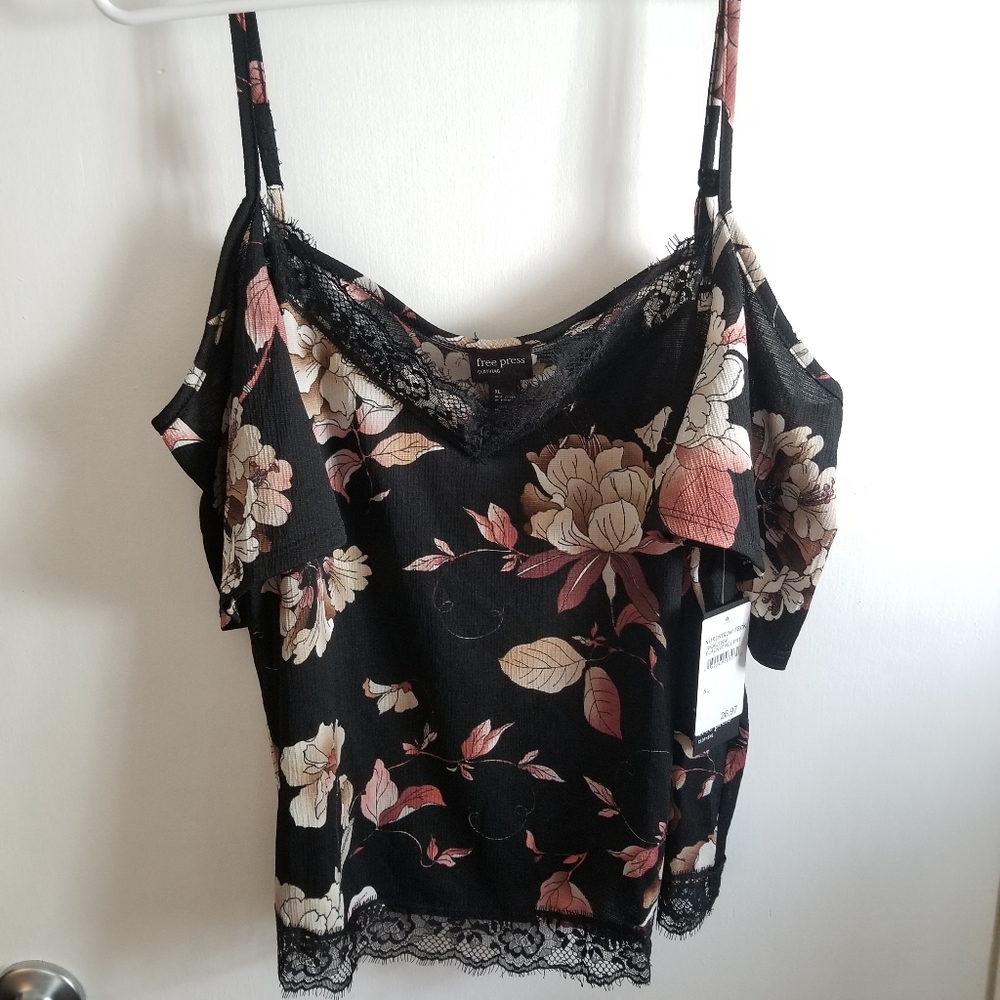 Free Press Black Floral Cold Shoulder Top